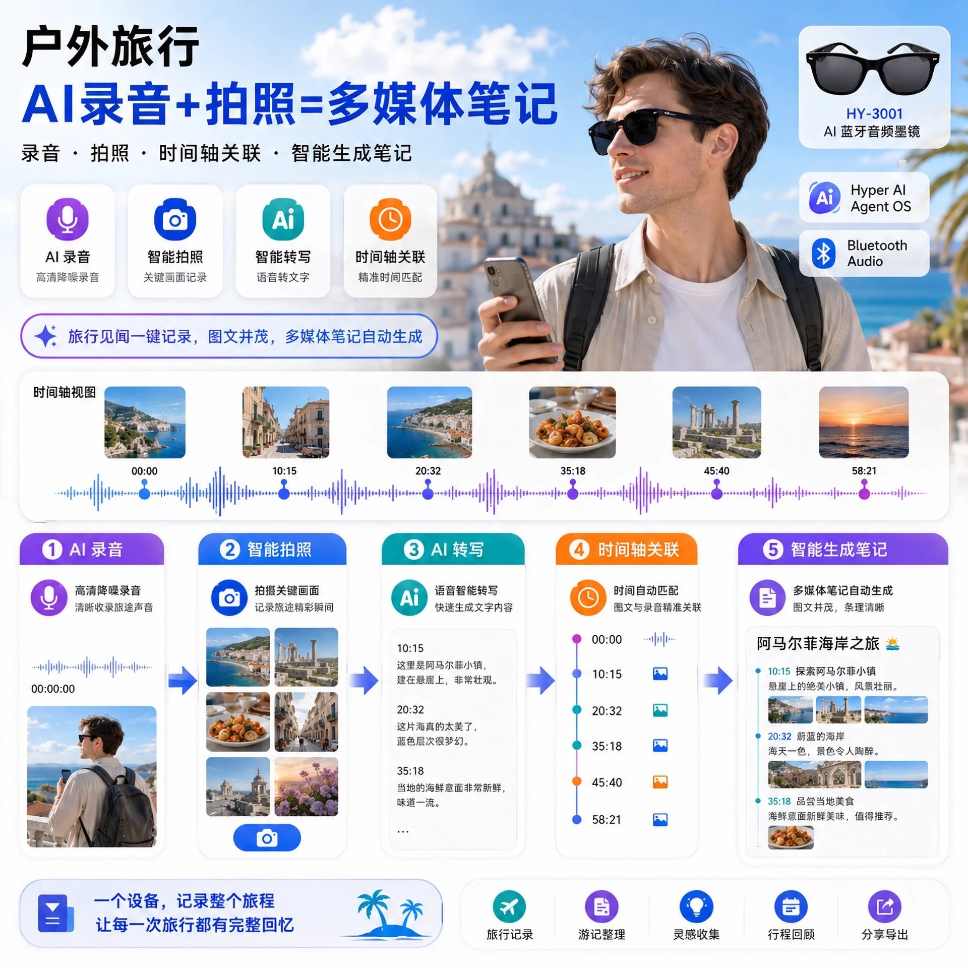 HY-3001 outdoor travel AI recording and multimedia notes